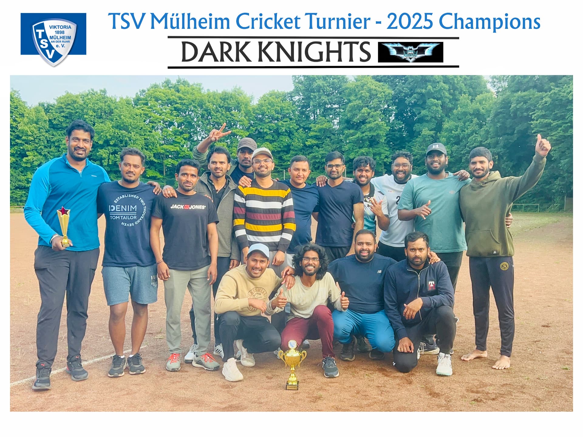 Dark Knights squad photograph — TSV Muelheim Cricket Turnier 2025 — Champion, 09 June 2025