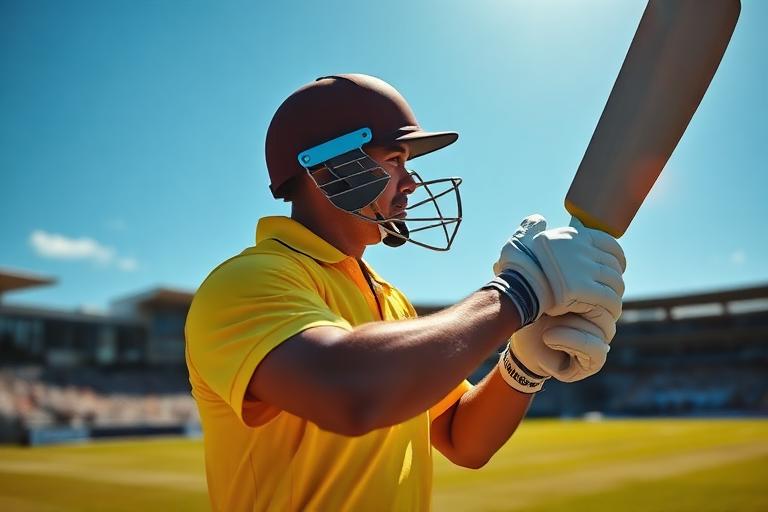 A batter in whites driving the ball through the covers with a full follow-through