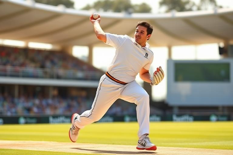 A fast bowler at the moment of delivery, arm high and front foot landing at the crease