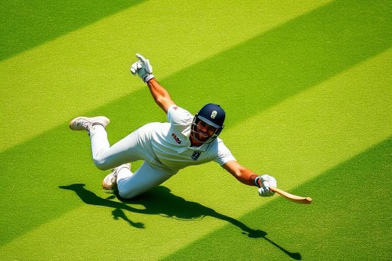 A fielder diving full stretch to stop the ball in the outfield