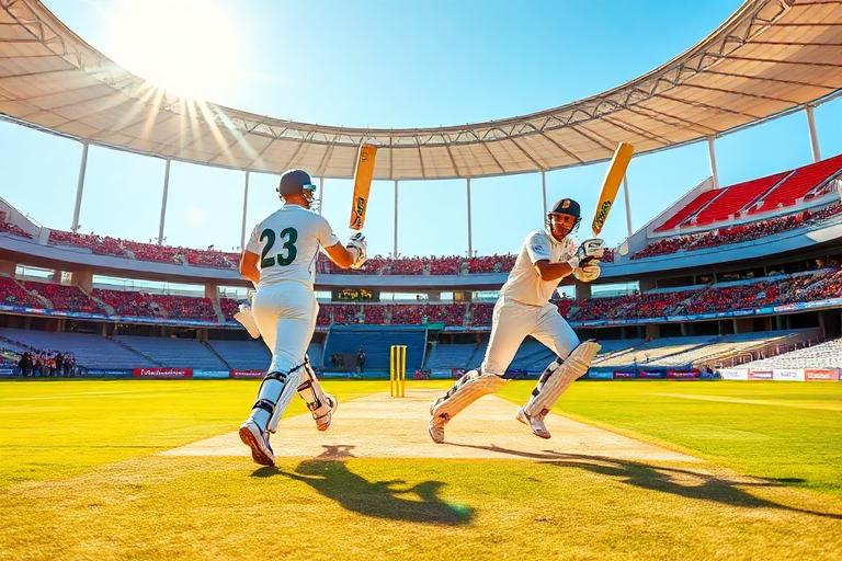 Two batters sprinting between the wickets to complete a run as the crowd watches