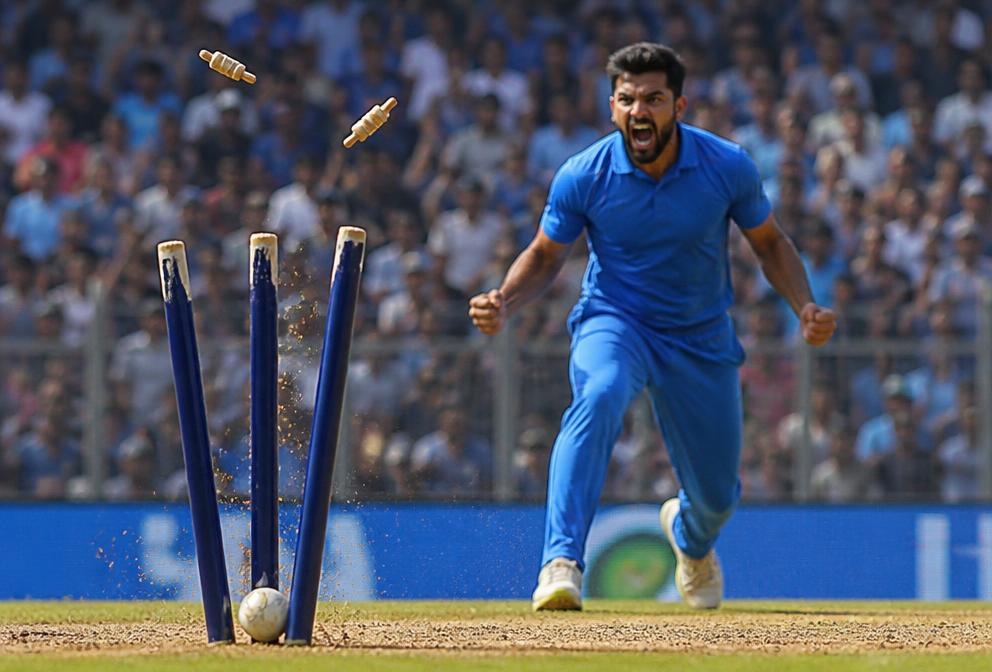 A yorker shattering the stumps, bails flying behind the batter